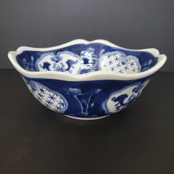 Rare Vintage Chinese Blueware Asian Porcelain Square Bowl Brocade Floral 7.5"W - Picture 5 of 8